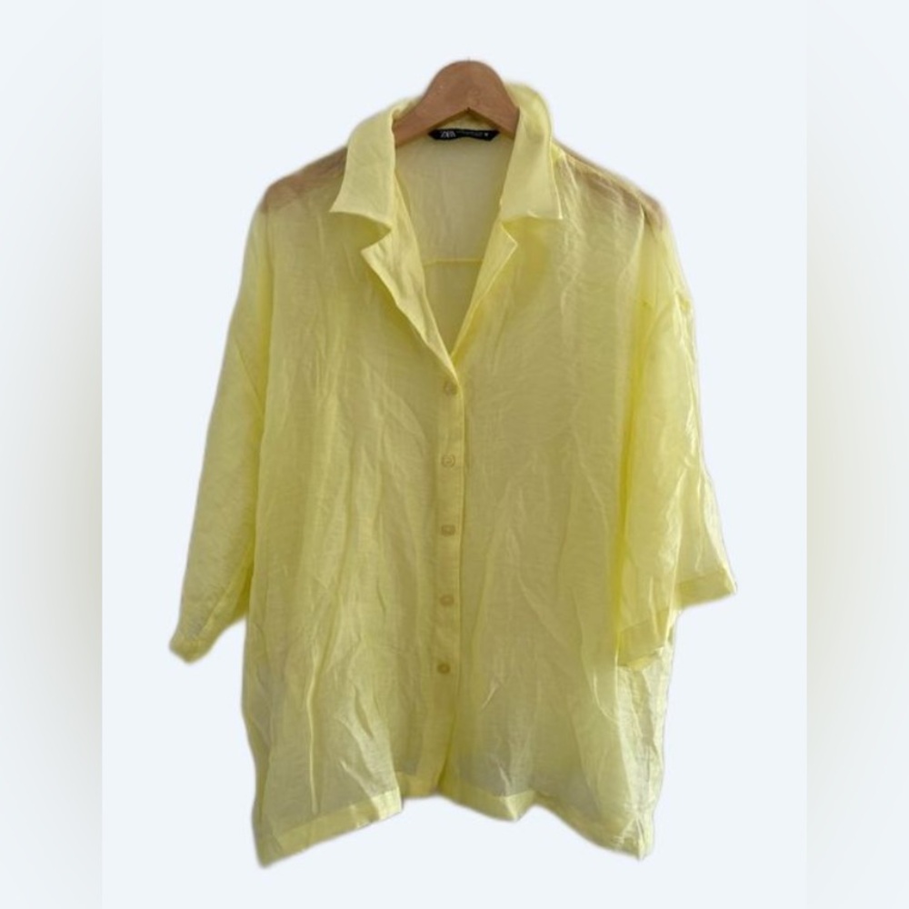 Zara Yellow 3/4 Sleeve Button Down Shirt, sheer